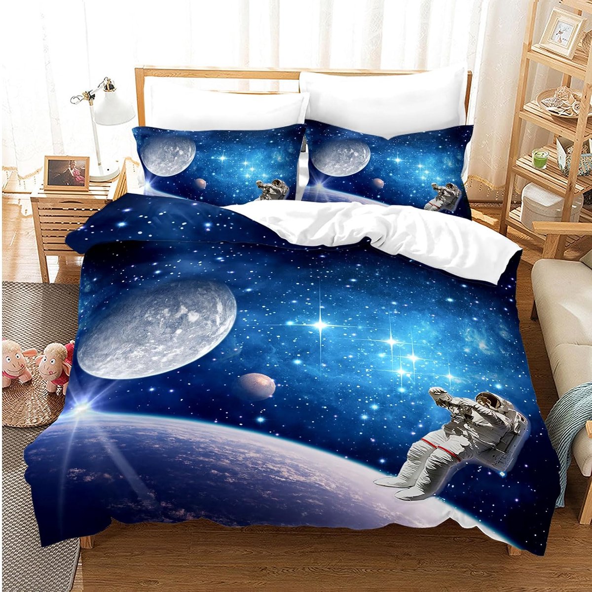 Beddengoed voor kinderen, ruimtethema's, 3D, heelal, sterrenhemel, universum, kinderbeddengoed, planeet, nachthemel, universum dekbedovertrek (D, 200 x 200 cm)