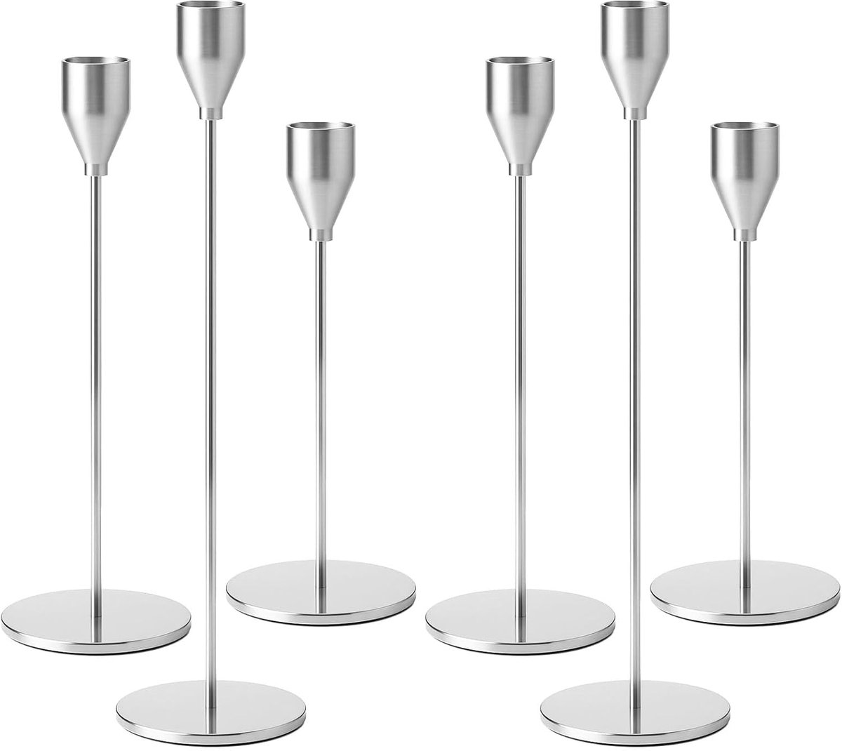 Set van 6 metalen tafelkaarsenhouders van zilver, 33/29/23 cm, vintage kaarsenhouders voor bruiloften en romantische diners, bruiloftsdecoratie met kaarsen voor jubilea en feestjes (zilver)