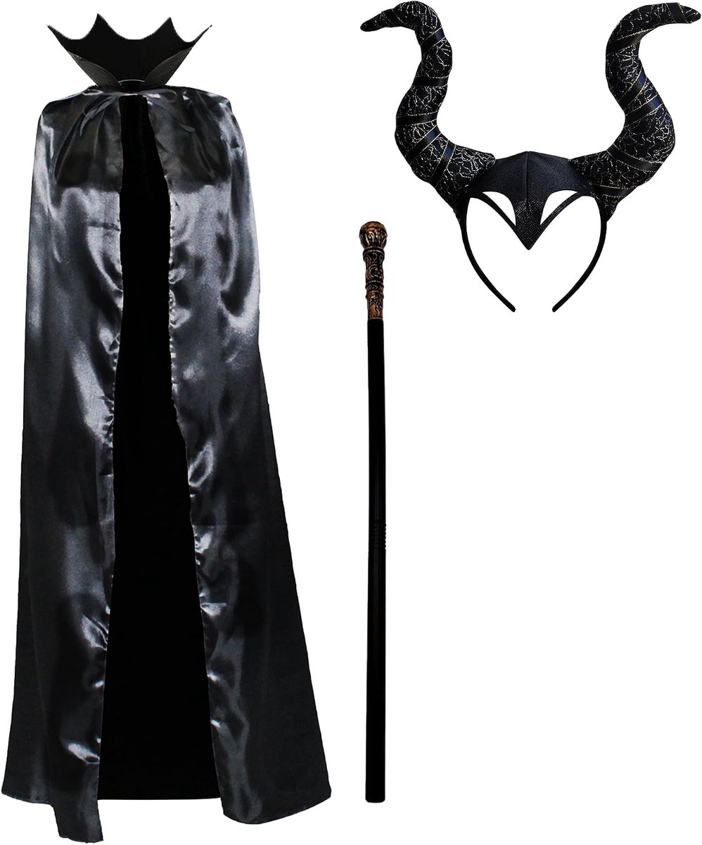 Kostuum voor dames, volwassenen, Halloween, carnaval, zwarte Malefiz-hoorn, boze rand, zwarte baston voor boze koningin duivel