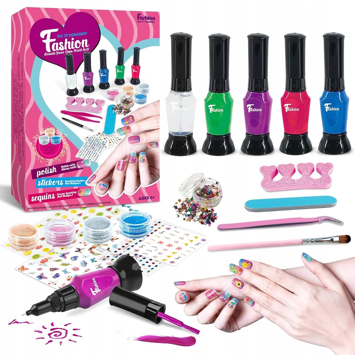 Kinder nagellakset met glitter en stickers - creatieve manicure