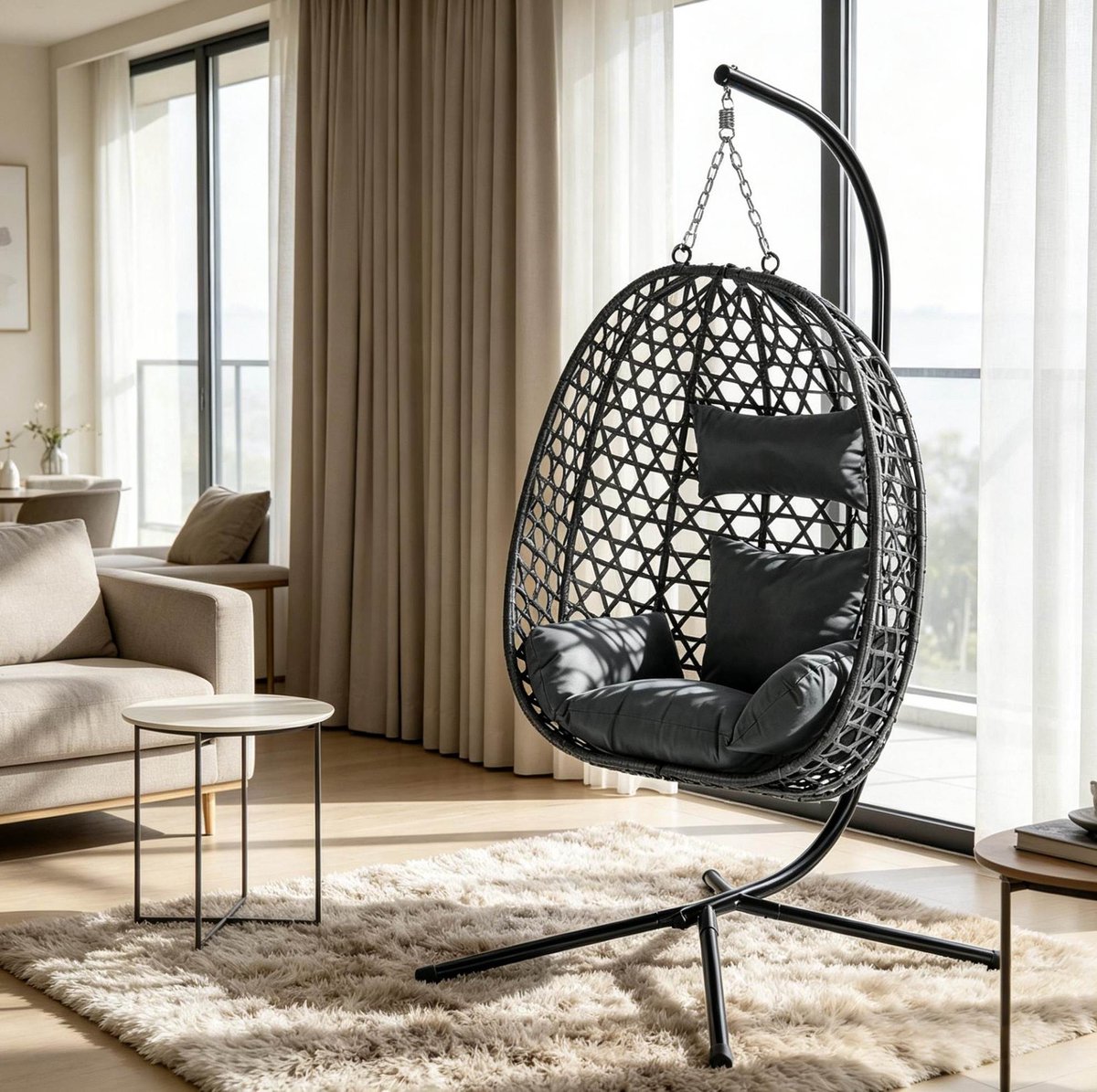 FloraGrace Schommelstoel 105 X 105 X 195 Cm Verstelbare Hoogte En 360 Graden Schommelen Voor Woonkamer Balkon En Tuin Metaal Rotan Donkergrijs