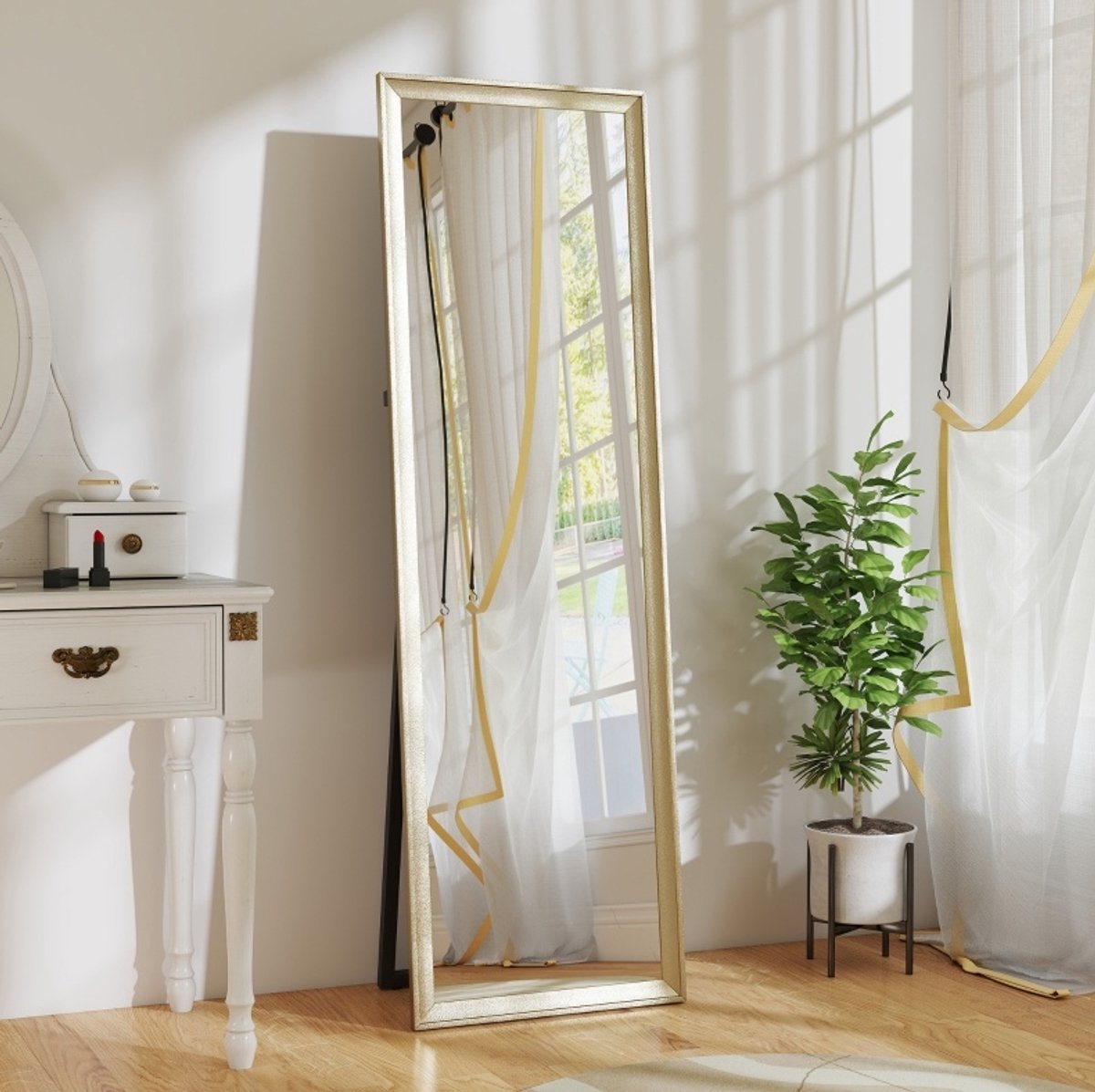 Spiegel Flexibel Plaatsbare Staande Spiegel 160 x 50 cm Met Frame Goud Gehard Glas Rechthoek Voor Wand Leunend En Vrijstaand Gebruik