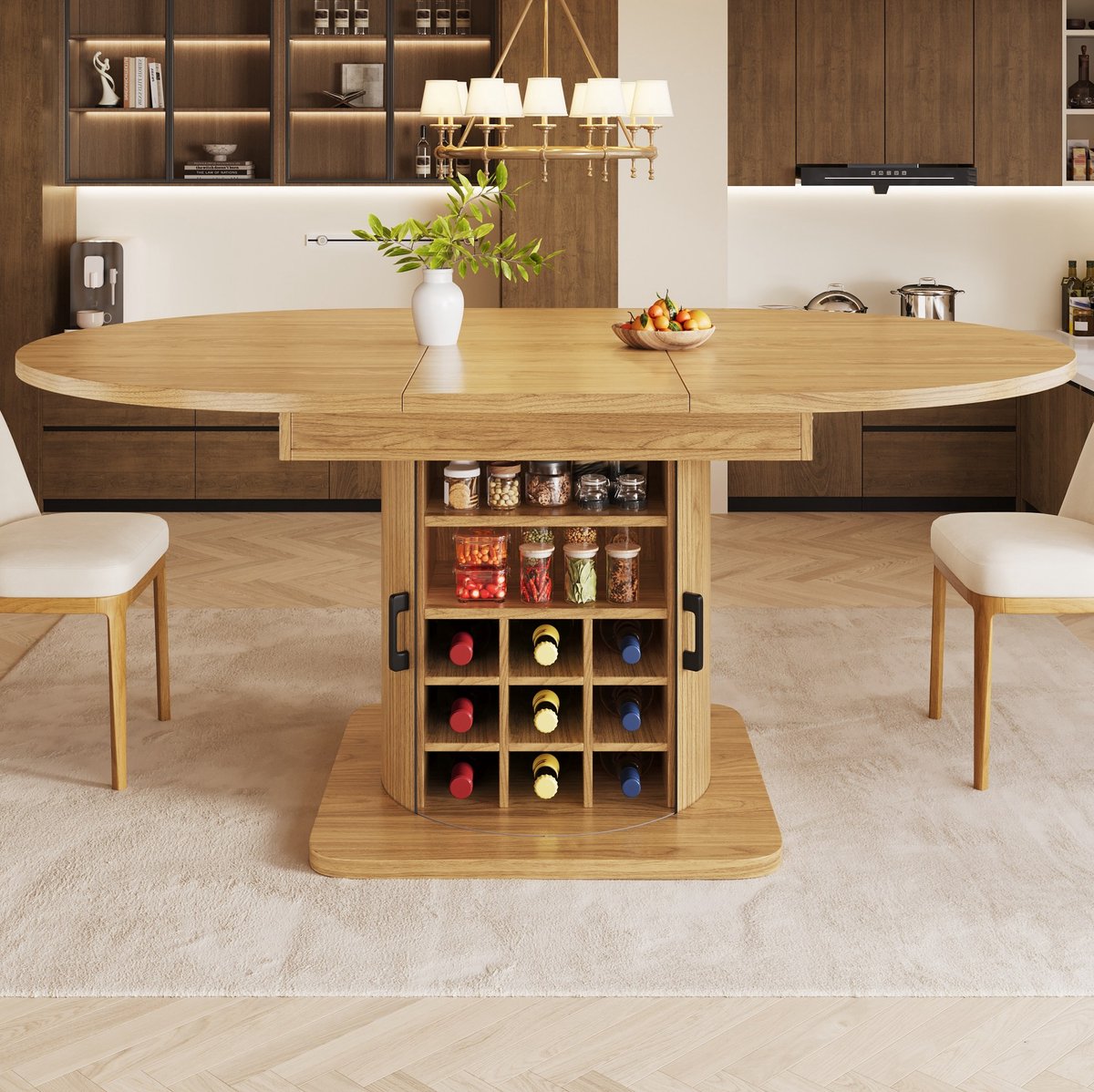 MODFU Uitschuifbare Eettafel - Opbergruimte - MDF Tafelblad - Metalen Onderstel - Lichtbruin