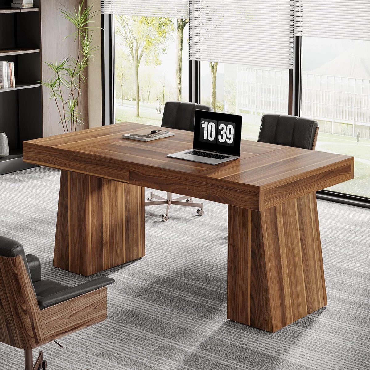 Werktafel, 140 x 80 x 75 cm, Modern computerbureau met dubbele trapeziumvormige basis, voor de woonkamer, het kantoor, bruin