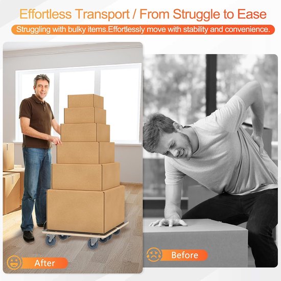 Transportroller 60 x 40 cm, transportrolplank met 2 x parkeerrem voor verhuizing en werkplaats, meubelroller zware belasting max. 200 kg draagkracht, transporthulp voor meubeltransport - 2 — afbeelding 2
