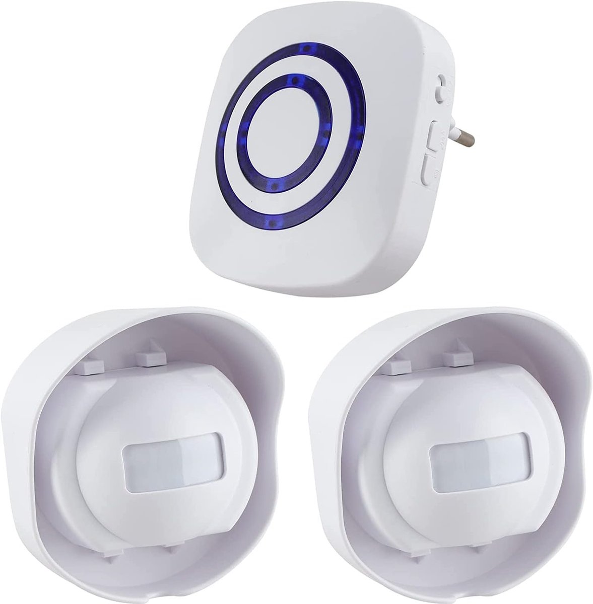 Draadloze deurbelkit met 1 plug-in ontvanger en 2 PIR-sensoren Bewegingsdetector 3 volumeniveaus en 38 slimme beltonen Beveiligingsbel voor elektrische deurbel(Zwart, Waterdicht)