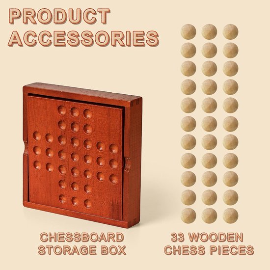 Houten Mini-Reisspellen, klassieke houten bordspellen, eenpersoonsspellen, kinderpuzzelspeelgoed, binnenparty bijeenkomst tafelbladpuzzelspel (Jump All but one) van houten — afbeelding 2