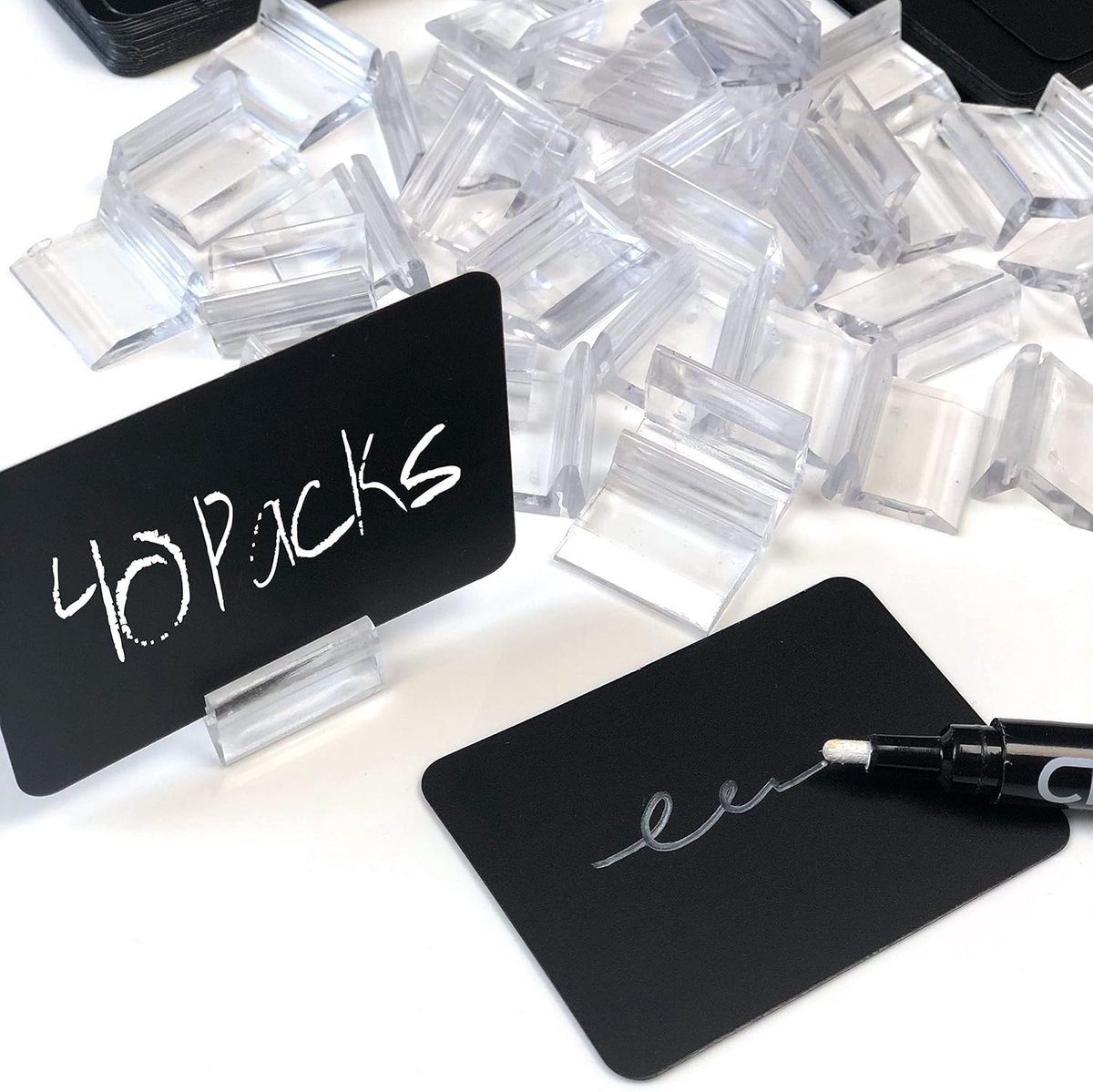 Verpakking met 40 herbruikbare synthetische borden + 40 elegante 25 mm houders + vloeibare krijtmarker, synthetische krijtbordprijshouder, prijshouder, mini-borden voor prijzen