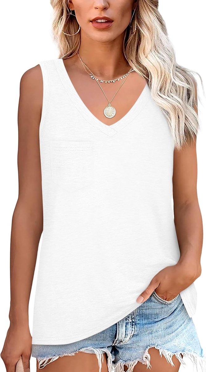 Mouwloos shirt dames basic zomer elastische tanktop met V-hals casual shirt met zak losse top comfortabele onderhemden