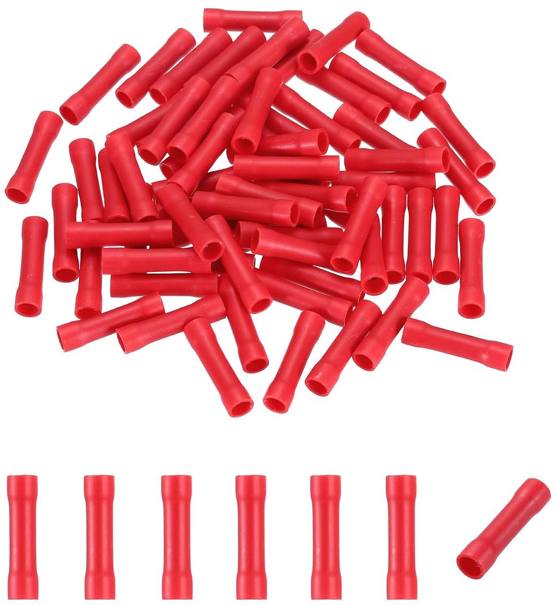 100 stuks volledig geïsoleerde krimpverbinders, krimpklemmen voor koperen kabel BV2 16-16 gauge, kit rechte klemmen voor elektrische aansluiting, rood