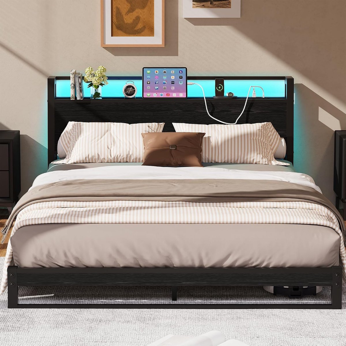 120 x 200 cm met ergonomisch hoofdeinde met opbergruimte, bodembed, laag metalen bed, bedframe met laadstation en ledverlichting, tienerbed, 120 x 200 cm, voor slaapkamer, logeerkamer