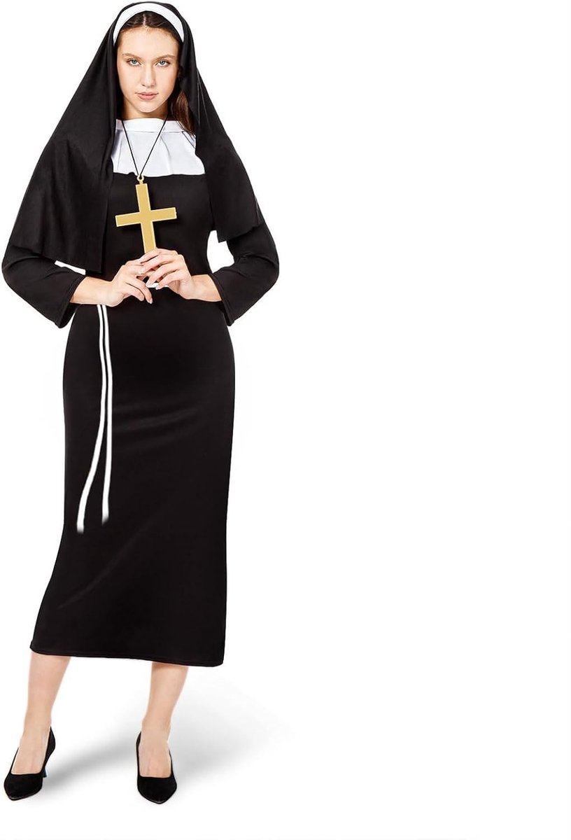 Carnavalskostuum, met nonnenkap, halsketting, riem, carnavalskostuums voor dames, Halloween-kostuum, dames, middeleeuws kostuum dames, nonnenkostuum dames Halloween
