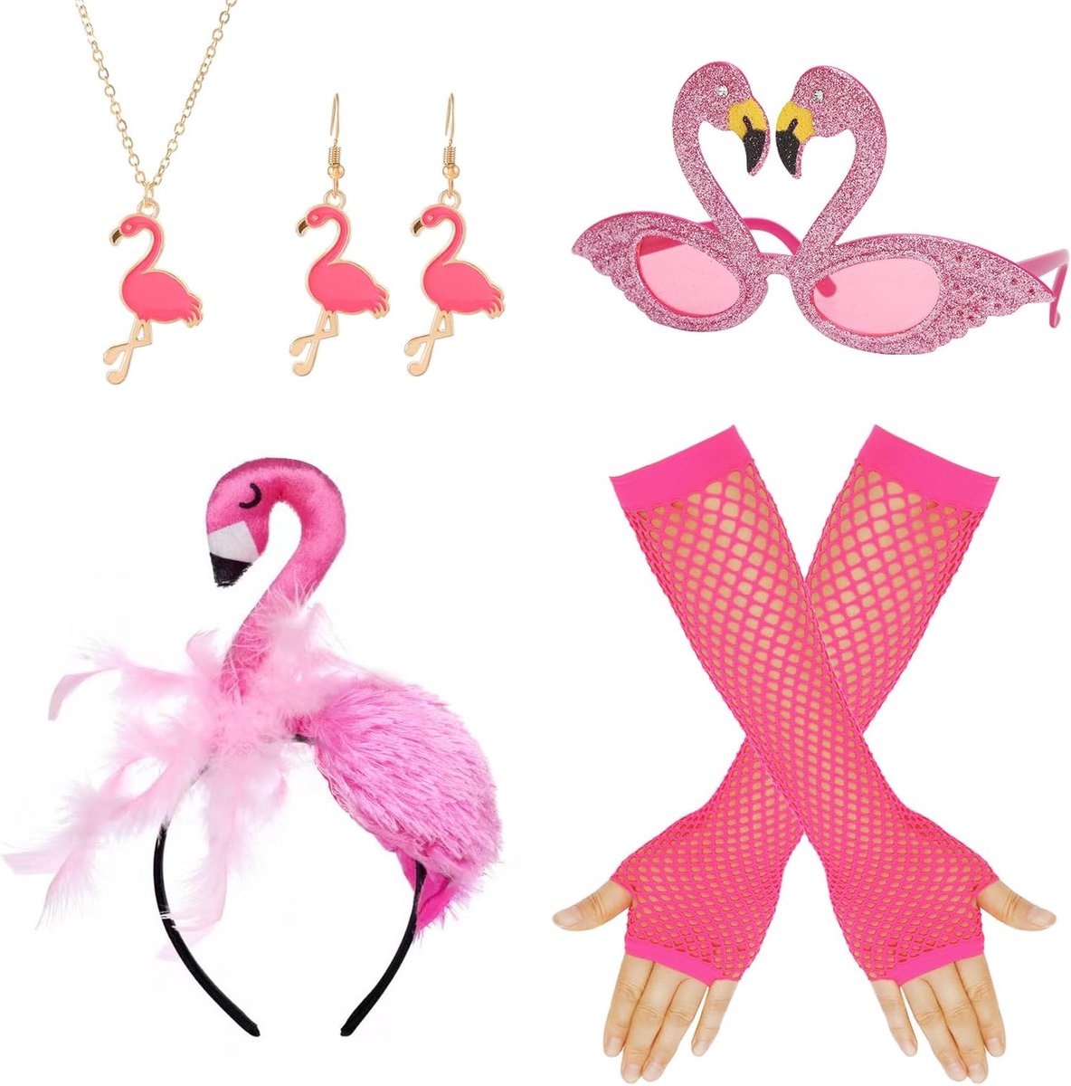Carnavalskostuums voor dames, carnavalskostuum voor volwassenen, grappige haarband, bril, handschoenen, halsketting, oorbellen, flamingokostuum, ananasdecoratie, Hawaï-outfit voor dames