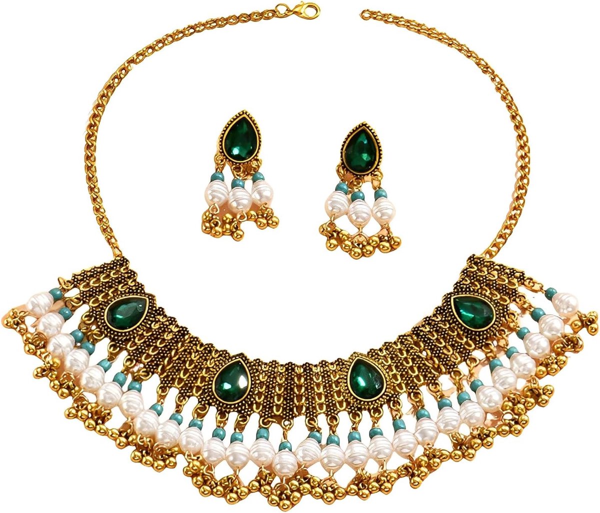 bruidssieradenset voor dames, geoxideerde antieke gouden chokerketting en hangende oorbellen met zirkonia, parelkralen, Indiaas traditioneel etnisch huwelijkssieraad, festivalcadeau