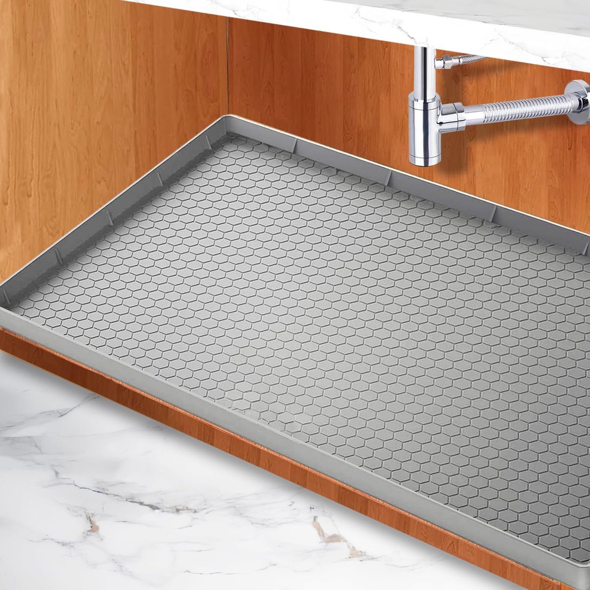 Gootsteen mat voor keuken waterdicht, 31 "x 22" flexibele siliconen onder de gootsteen voering met afvoergat, keuken badkamer kast mat en beschermer voor druppels, lekken morsen lade