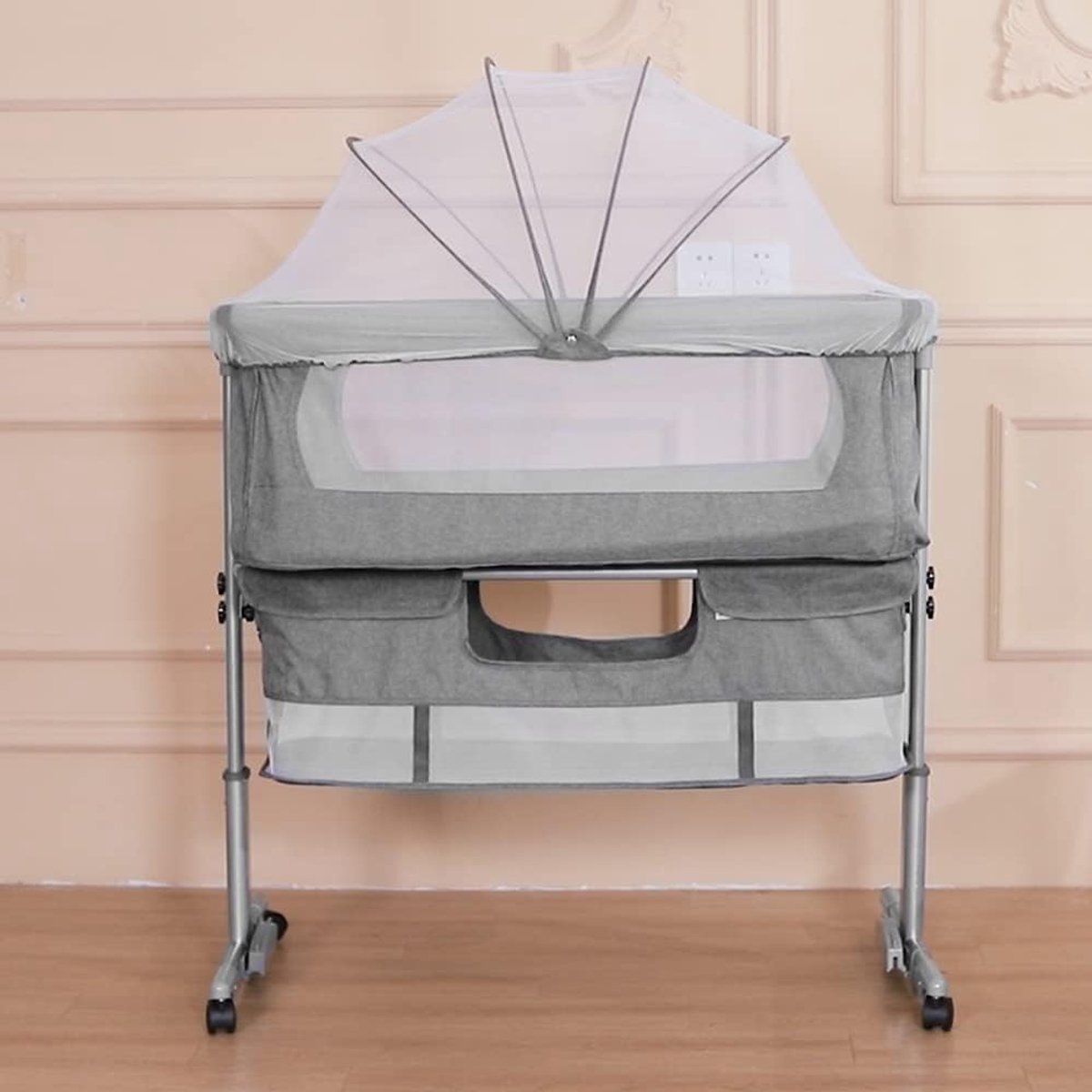 Kinderbed en box, 4-in-1, voor kinderen tot 45 kg lichaamsgewicht, converteerbare wieg met matras, bevestigingsriemen, voor baby's en baby's (93 x 57 x 71-88 cm (donkergrijs))