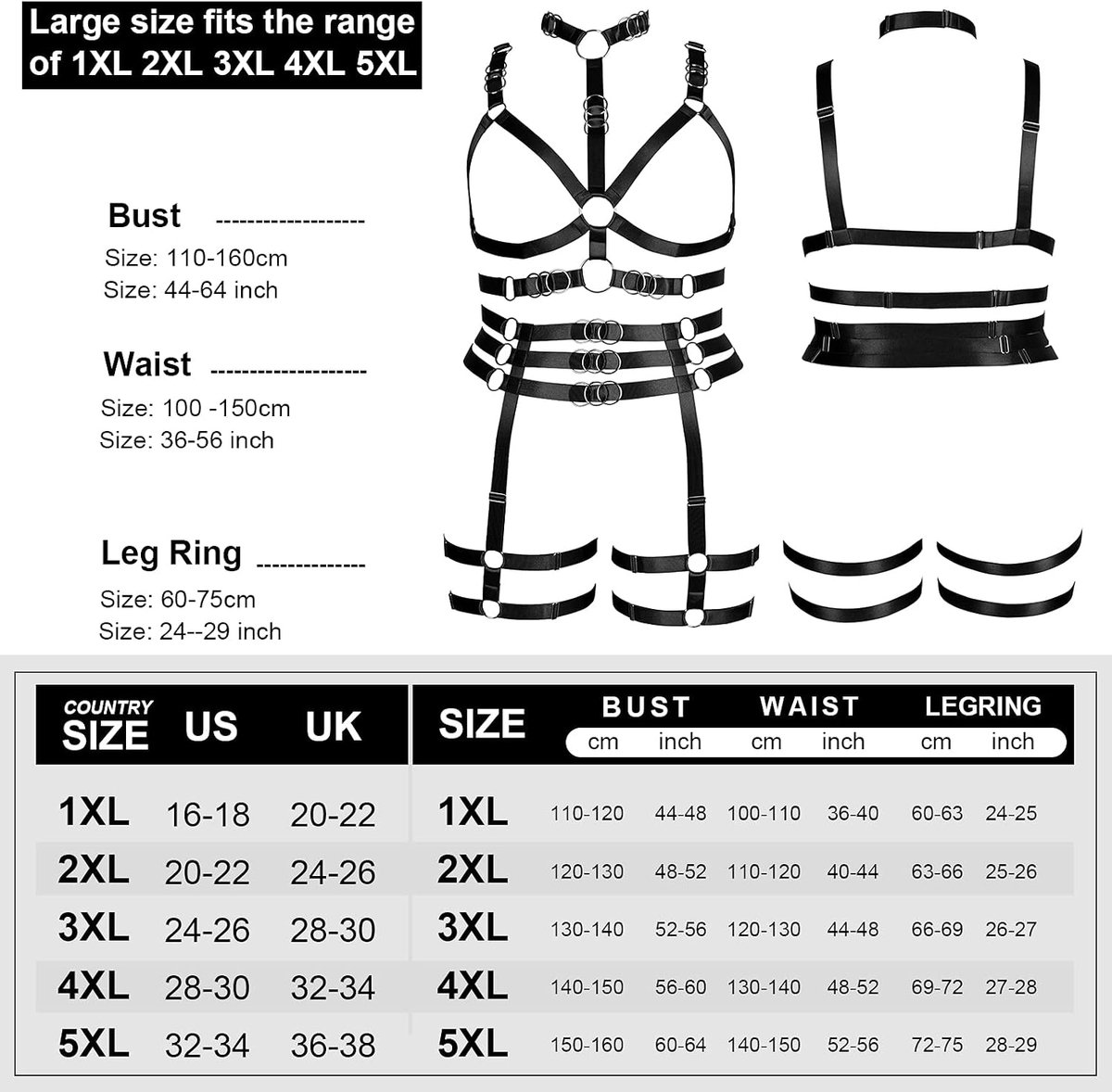 Size Plump Jarretellegordel set Full body harnas voor vrouwen Lingerie kooi Punk Grote maat Festival rave Gothic beha Halloween (zwart), Zwart, Eén Maat
