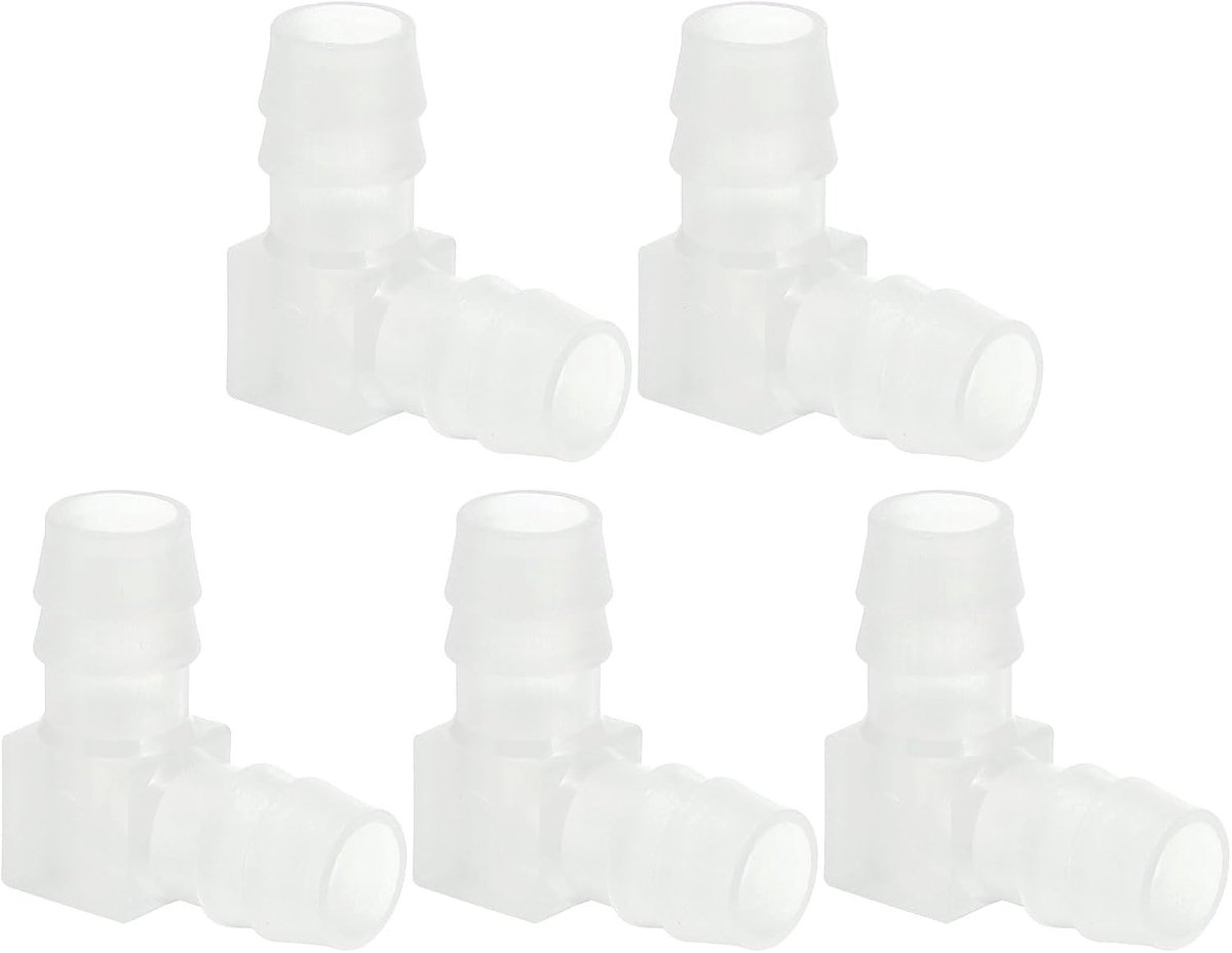 1,2 cm kunststof slangweerhaak 90 graden elleboog, 5-pack L-weerhaakfittingen 2-weg gelijke prikkeldraad verbindingsconnector splitser mender slangadapter unie-adapter voor aquariumbrandstof