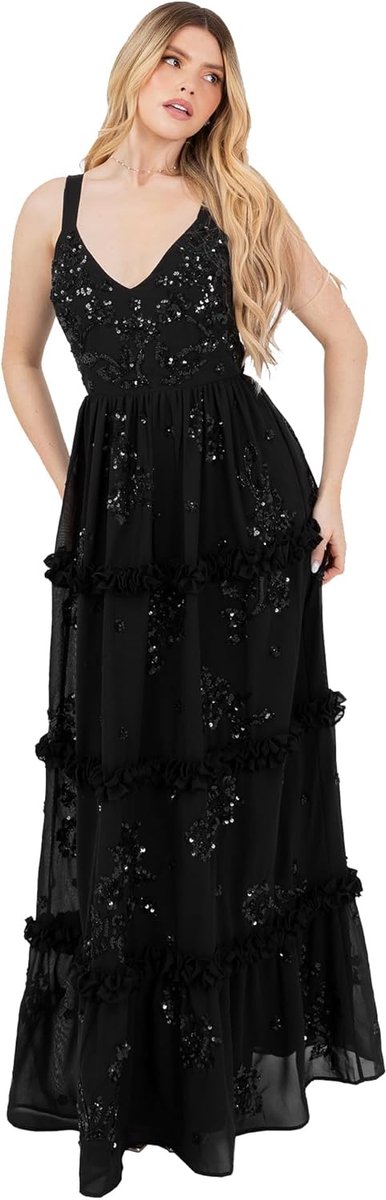 Deluxe Women's Maxi Dress Ladies Sleeveless V-neck Sequin Embellished Floral Ruffle Chiffon A-line Open Back Tie Prom Ball Gown dames Gekleed (1-Pack)