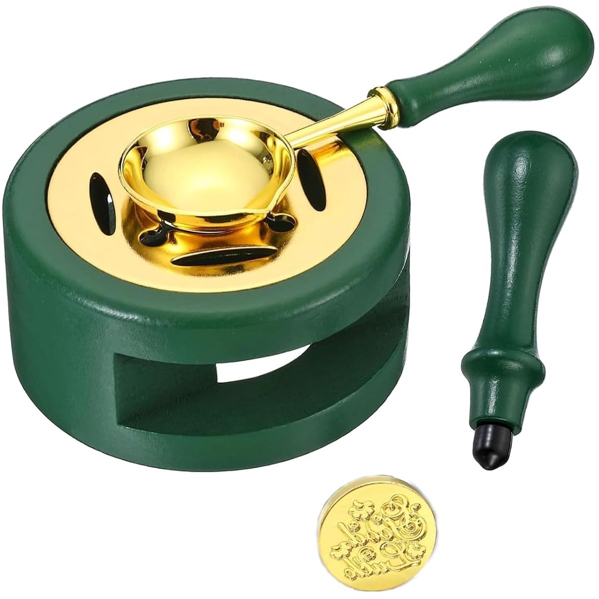 Waszegelwarmer en lepelset, 1 set waszegelverwarmer, smeltlepel, waszegelstempel, handvat, smeltoven, pan, ovengereedschap voor het smelten van waszegelkralen, donkergroen