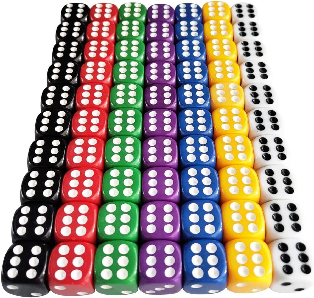 70 stuks dobbelstenen van 12 mm, kleurrijk, 6 zijden, 7 kleuren, doorschijnende kleuren, set voor dobbelspellen, tafelspellen, bordspellen, wiskundespellen