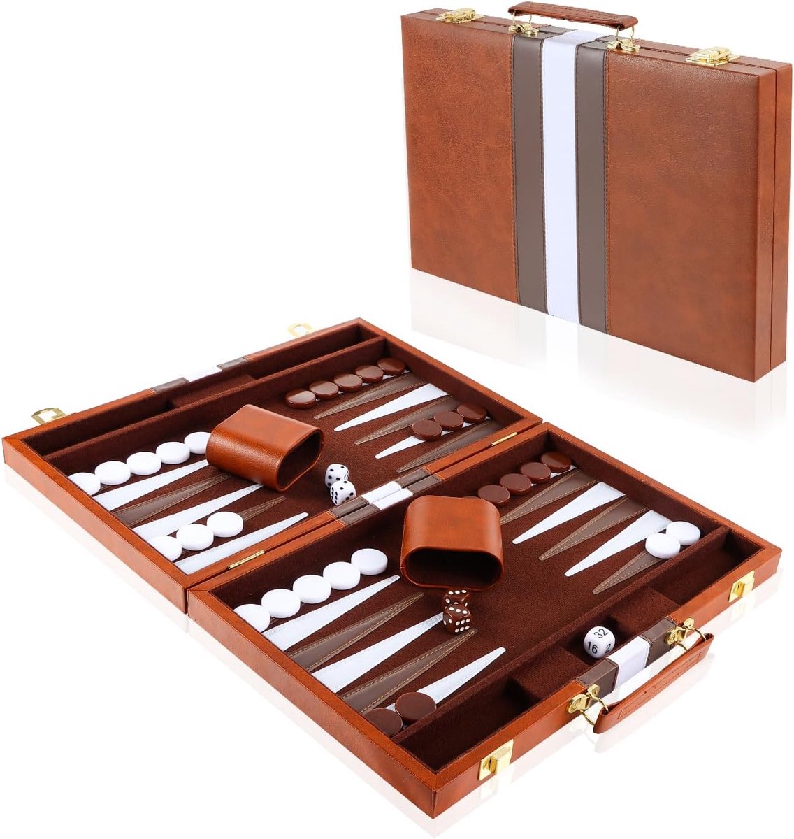 Backgammon set, 11 inch back-gammon koffer met complete accessoires, draagbare reisspelset met draaggreep (bruin)