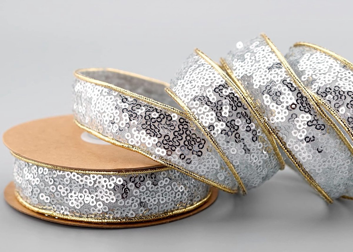 5 m x 25 mm paillettenband zilver decoratief lint glanzend lint met glitter grijs glans briljant geschenklint glinsterend Lurex om te versieren knutselen Kerstmis feest