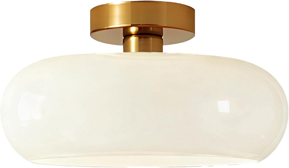 Half-Inbouw Plafondlamp, 28cm Ronde Glaslampenkap met Gouden Metaalvoet, E27 Fitting, Verlichting voor Slaapkamers, Eetkamers, Keukens en Hal (Roomwit, H15cm)