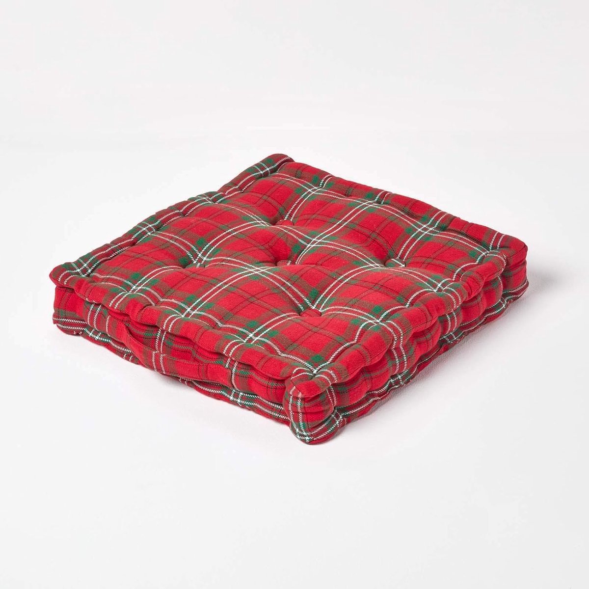 Edward Tartan - 100% katoen - groot vloerkussen - rood groen - 50 x 50 x 10 cm vierkant - indoor - tuin - eetkamerstoelverhoger - zitkussen