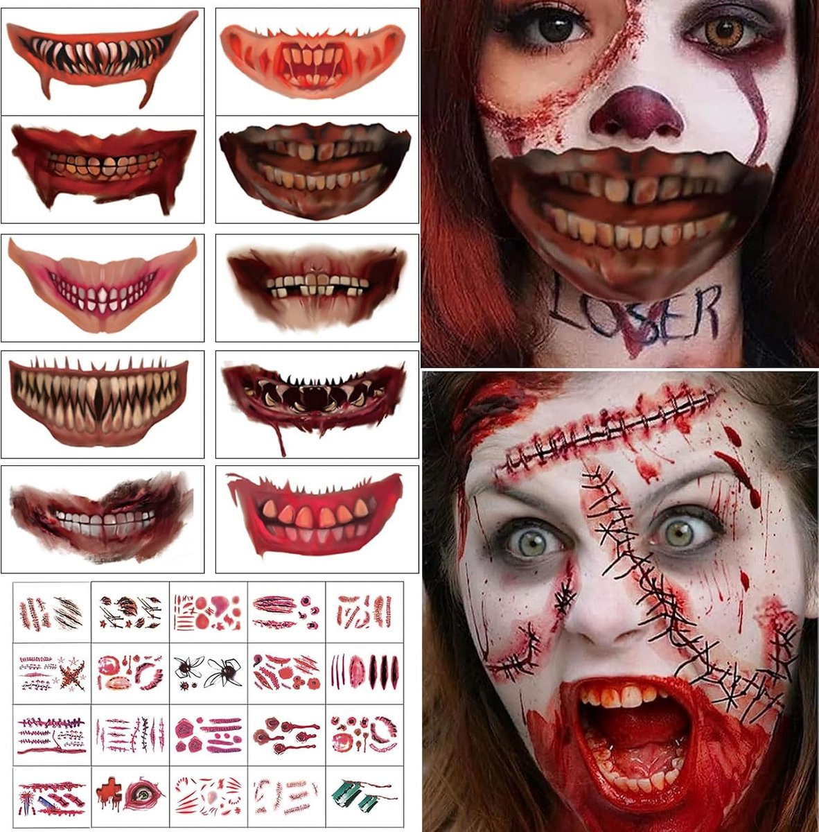 Tijdelijke tatoeages, tijdelijke tatoeages, gezichtsset, doodshoofd-stickers, waterdichte terrorwond strijk, rekwisieten, Halloween decor carnaval (A)