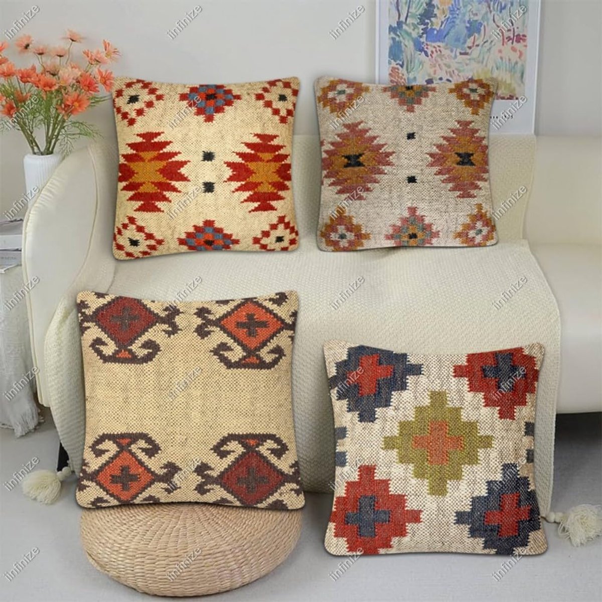 Kussenhoezen 45x45 cm - luxe wol jute - handgeweven kilim patroon - sfeervolle stoeldecoratie - SnelShoppen