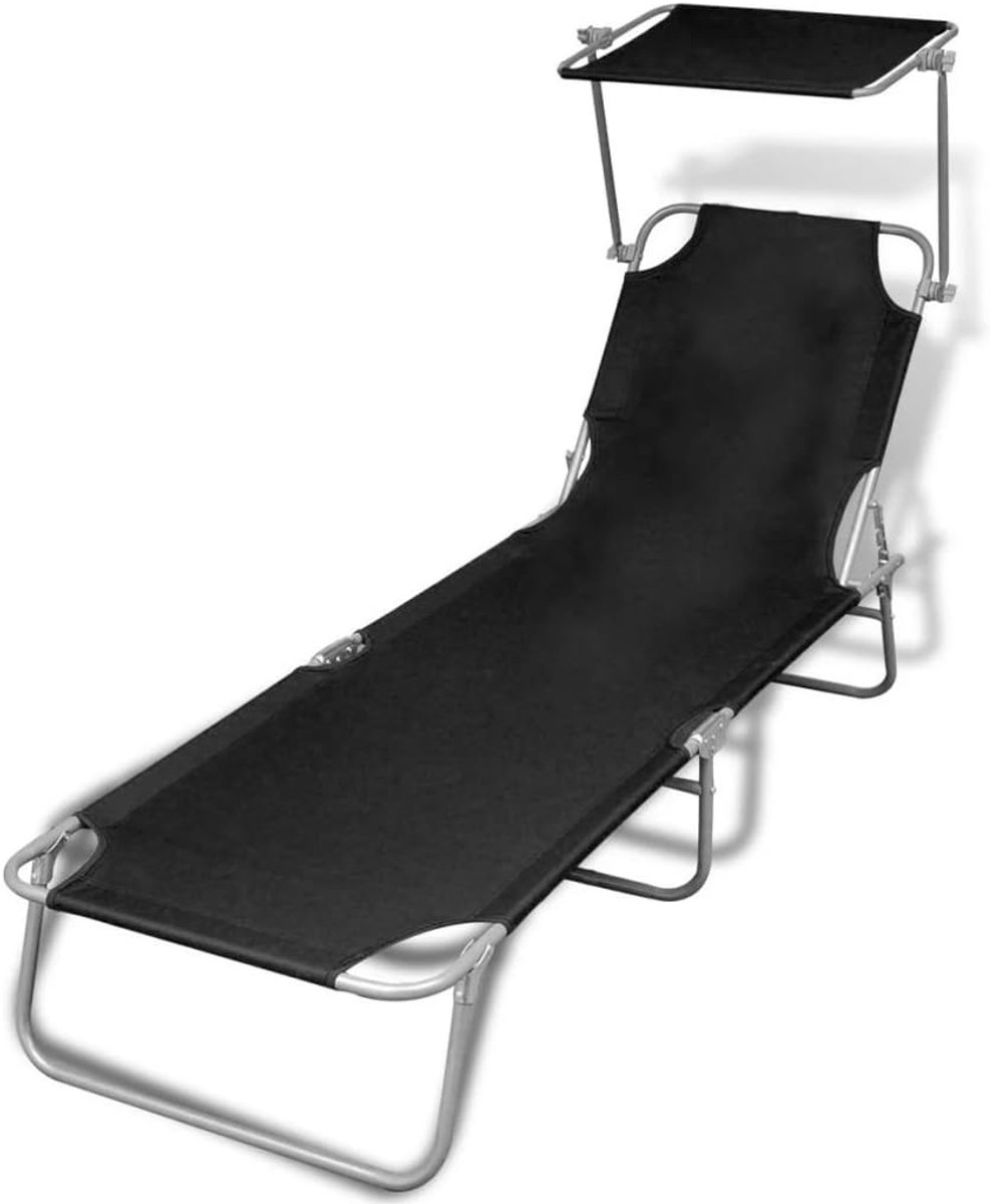 Ligstoel met zonnedak, klapbed, camping, staal en stof, zwart