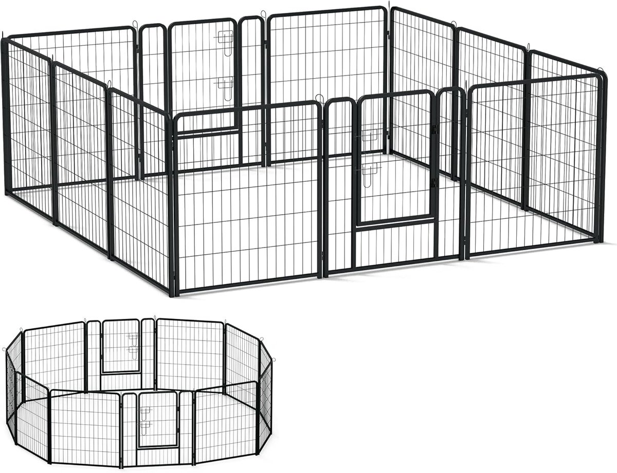 Puppyren met 12 roosters, elk 80 x 80 cm, vrijloopren voor honden, puppyuitloop met deuren, flexibel en opvouwbaar, puppyrooster voor woning en tuin