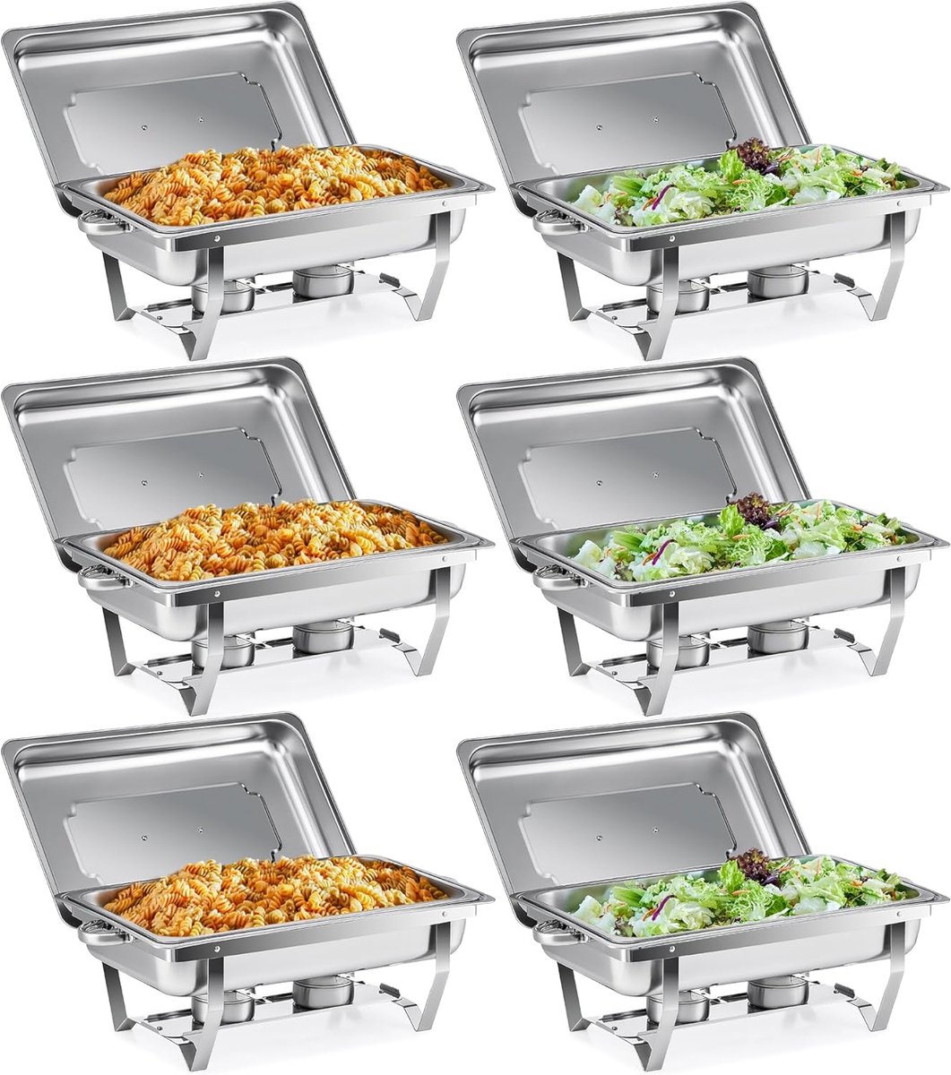 Chafing dish set GN 1/1, Warmhoudcontainer inhoud 9 liter van roestvrij staal, Voedselverwarmer met brandpasta houders, Rechthoekige buffet warmer set voor buffet catering feest (6 stuks)