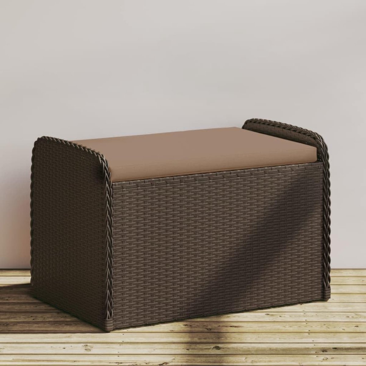 Opbergbankje met kussen 80x51x52 cm poly rattan bruin weerbestendig tuin opbergmeubel zitbank met waterdichte opbergtas voor kussens en accessoires gasveer deksel afneembare wasbare hoes