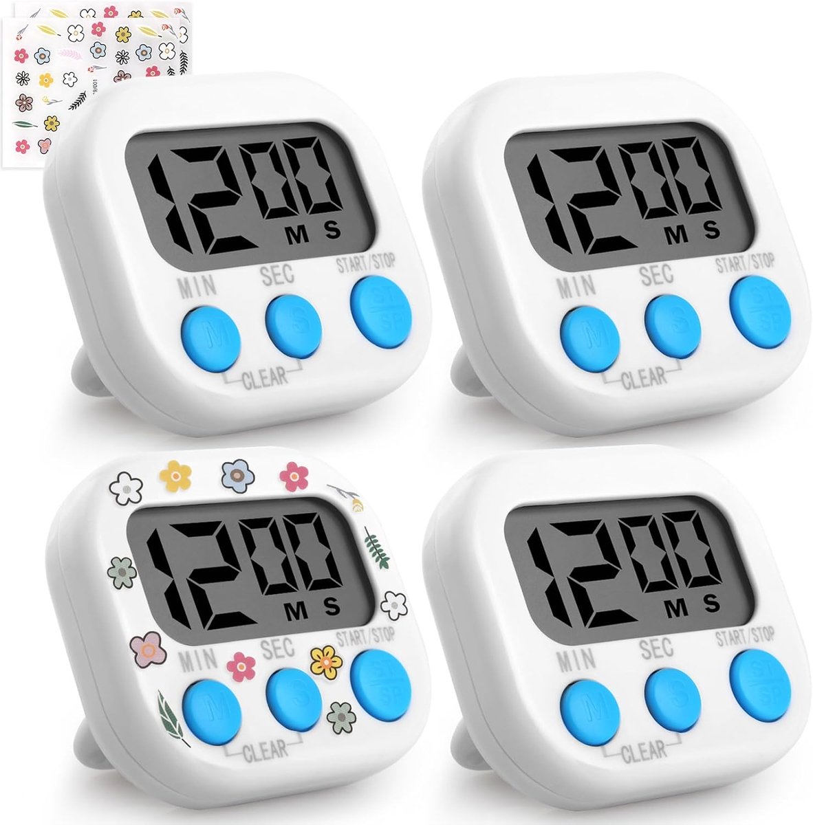 Keukentimers, elektronische timer met akoestisch alarm voor koken, magnetische digitale timer, groot lcd-display (batterijen niet inbegrepen), 4 wit