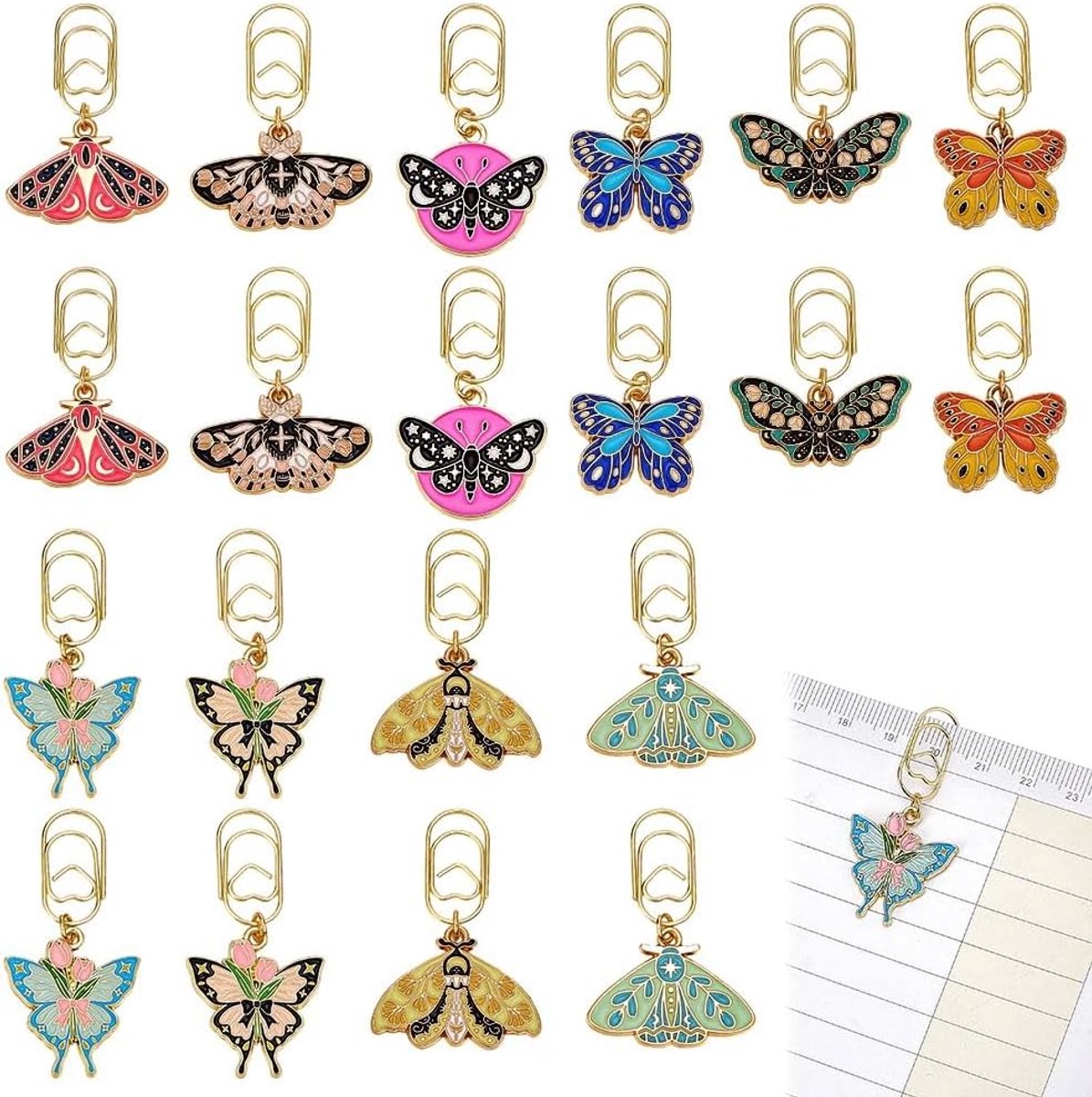 PandaHall 20 stuks 10 stijlen papieren vlinderclips, goudkleurige clip voor bladwijzer met insectenhangers van email, klem voor planner, vlinder, nacht, eerste schooldag