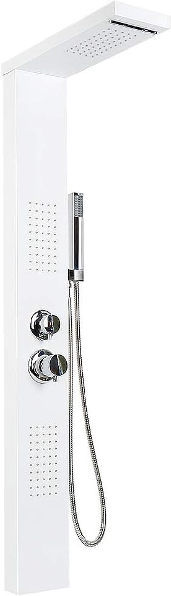 Hydromassage, thermostatisch, douchezuil thermostatisch, waterval en douche, roestvrij staal, massagesproeier (15 x 47 x 130 cm, wit)