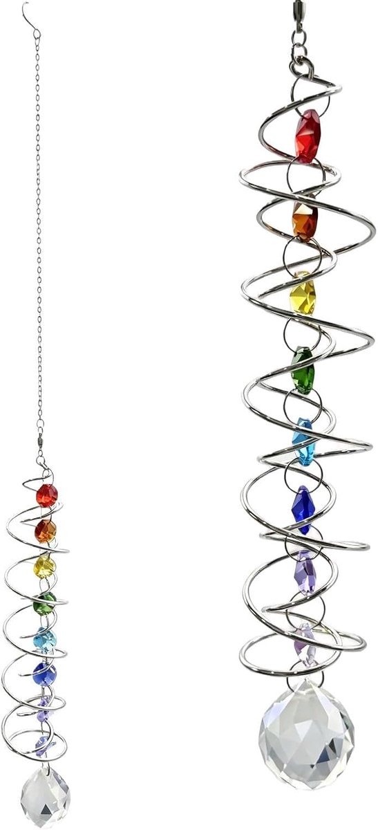 Windgong met bol en spiraalstaart, 45 cm zonnevanger met zeven chakra-kralen, raam- en tuinophanging voor buitendecoratie, tuindecoratie buiten