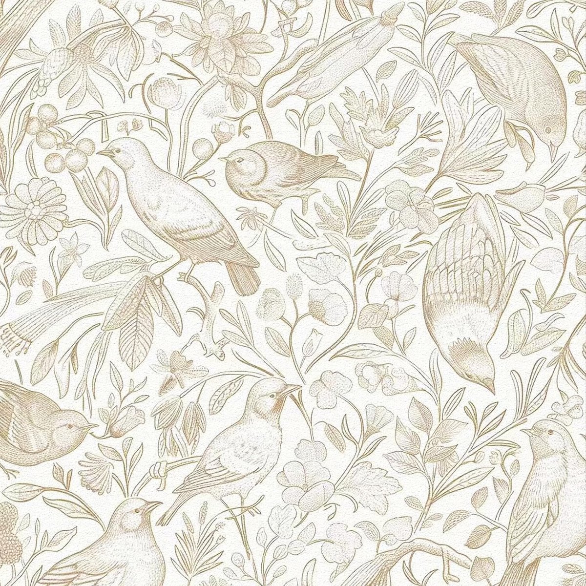 Behang, crèmewit-grijs tropisch bloemen- en vogel lijntekening, verdikte plakfolie 44x1000CM, vogel-, tak- en bladmotief, verwijderbare muurfolie