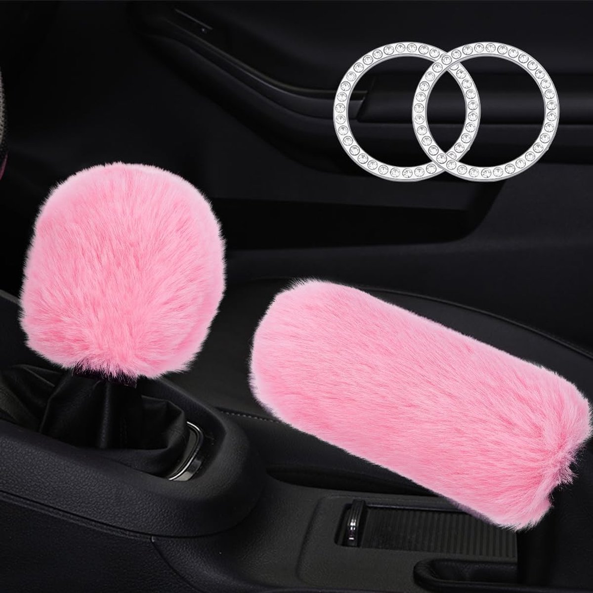 2-delige set van roze versnellingspook en handremknop, beschermovertrek met 2 zelfklevende strasstickers, antislip, zachte pluche stof en verwarmend materiaal om zelf te maken