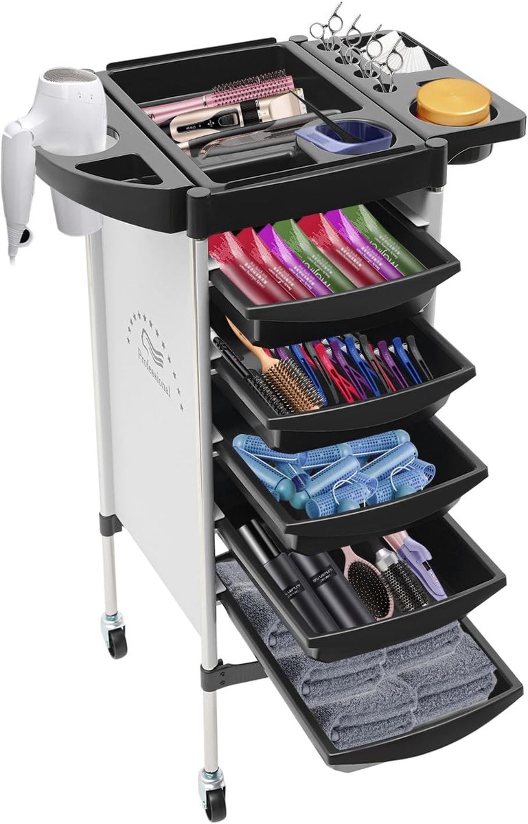 Kapperkar, bedieningskarretje, kapperwagen met 5 laden en wielen, voor stylist, kapper, haarstyling SPA, zilver