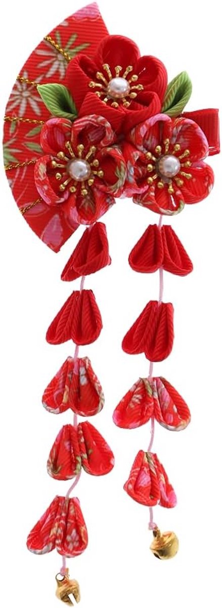 Rode handgemaakte waaiervorm Sakura kersenbloesem stof bloemen kwasten haarclip haarclip Japan Geisha kimono accessoire