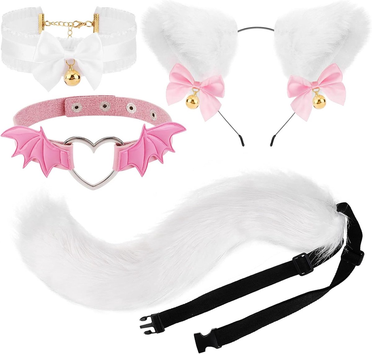 Cosplay kattenkostuumset, staart en oren, set faux furry fox, wolf, staart, met lange vossenstaart en oren en belkraag, voor carnaval, party, decoratie, kostuum, dressing partijen