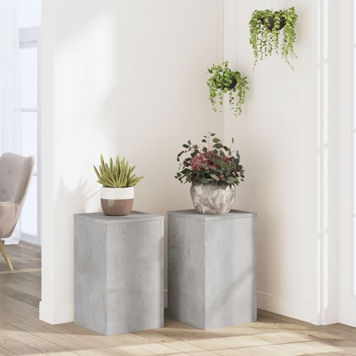 2 stuks, betongrijs, 30 x 30 x 50 cm, van houtmateriaal, stabiele bloemenstandaard met glad oppervlak en holle constructie voor zandvulling, inclusief wandhouder voor