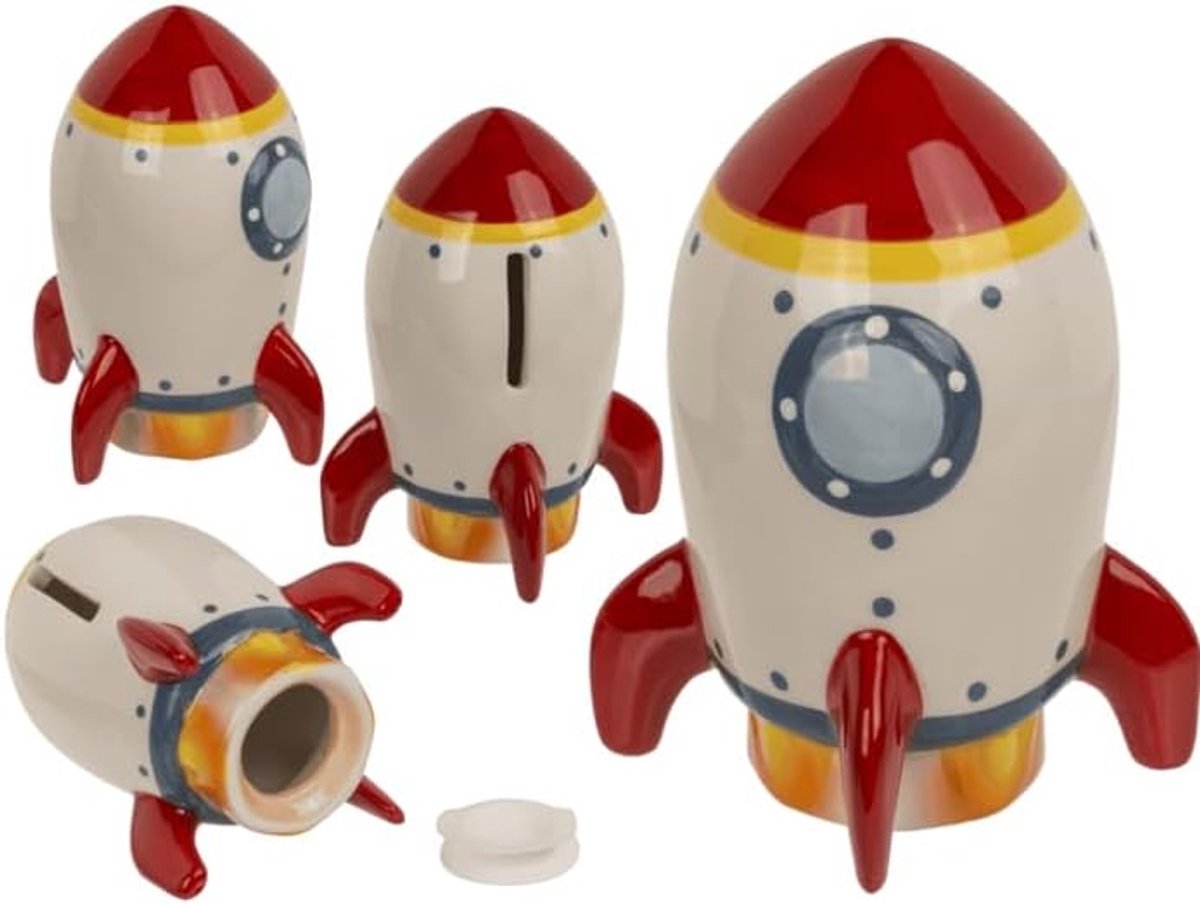 Spaarpot, raket van keramiek, decoratief, ruimtedesign, wit en rood, met deksel, 12,5 x 7 cm, voor kinderbesparing