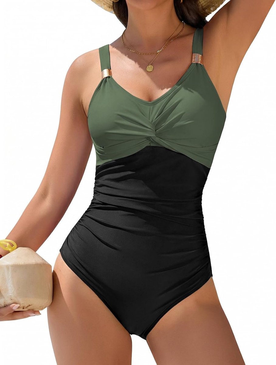 Badpak voor dames, sexy, push-up, eendelig, gedraaide knopen, V-hals, met metalen versieringen, badpak voor zwembad en strand