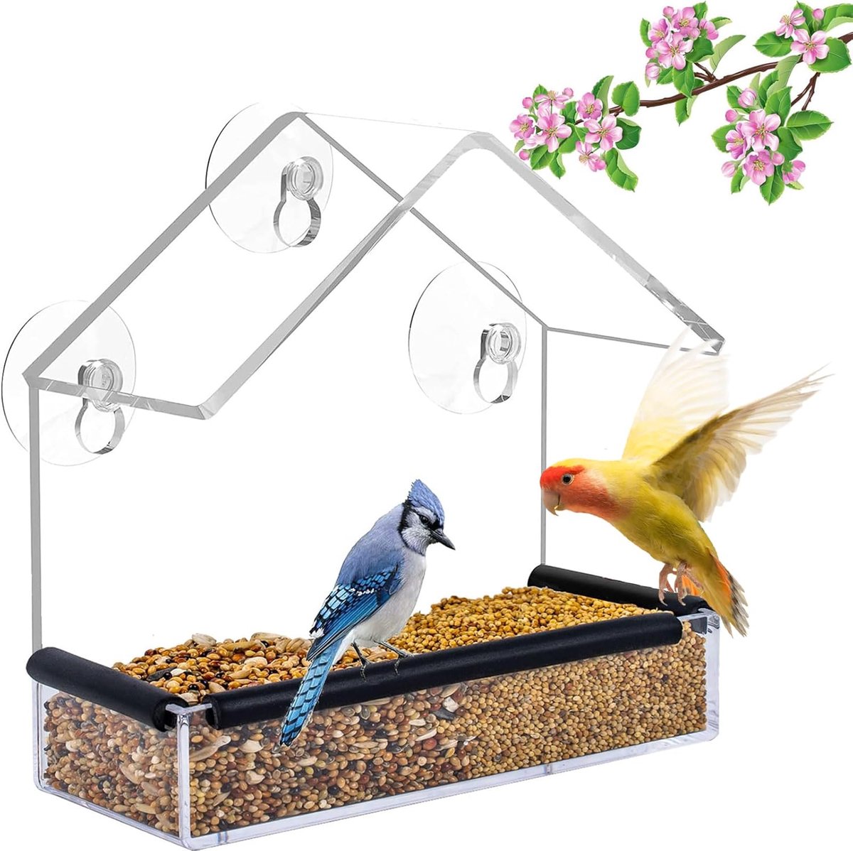 Vogelhuis met zuignappen 15 x 7 x 16 cm - transparant voederhuis - voor wilde vogels - geniet van vogels bij je raam - SnelShoppen