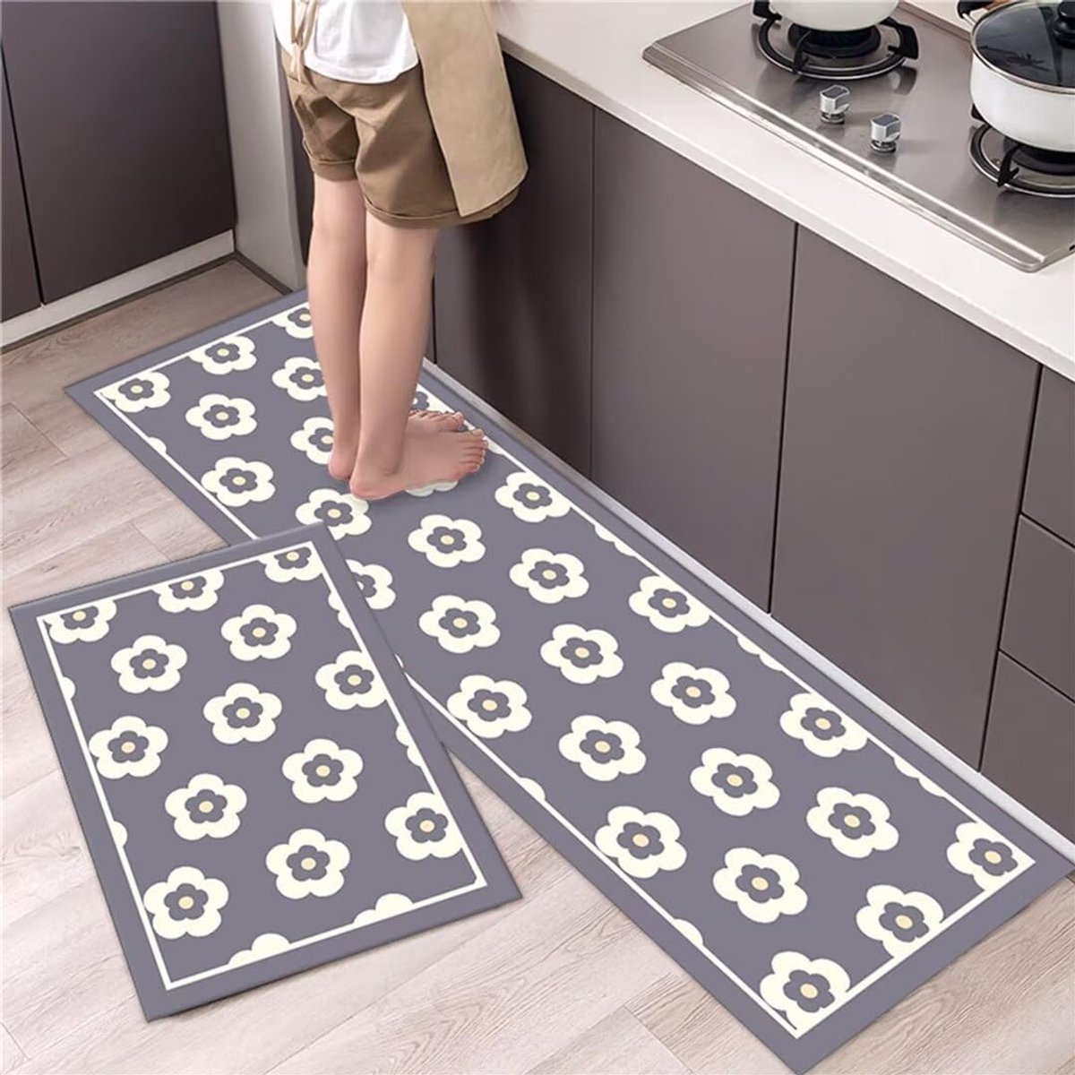 Tapijtsets antislip keukenmat kits cartoon bloem grijs vlekbestendig anti-vermoeidheid machine wasbare keukenlopers tapijten PVC vloermatten voor keuken thuis eetkamer 60 x 90 cm + 60 x