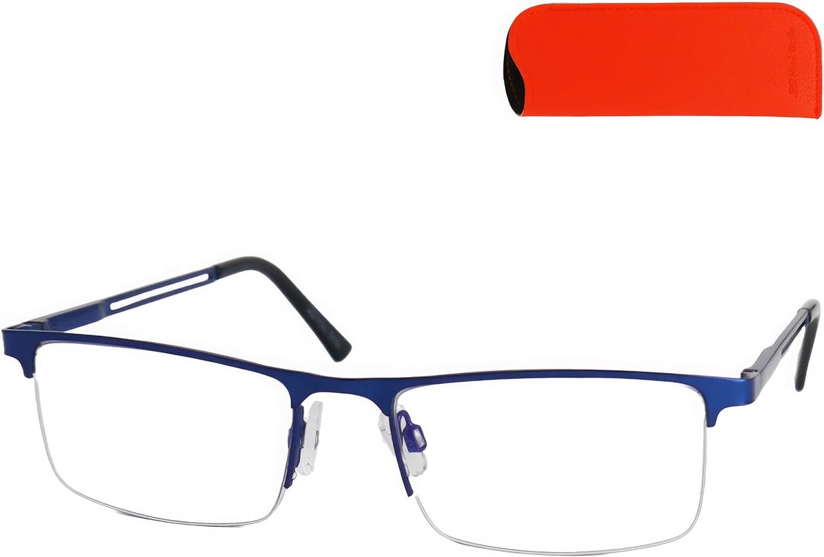 halfrand leesbril – rechthoekig RVS frame met kunststof pootjes, licht halfmontuur, unisex, incl. etui